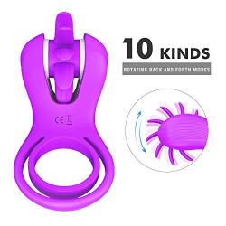 Vibrating Cock Ring, Penis Ring with Double Loop Licking 10 Rotation Speeds Waterproof Medical Silicone Rechargeable Couples Adult Sex Toy (Purple)