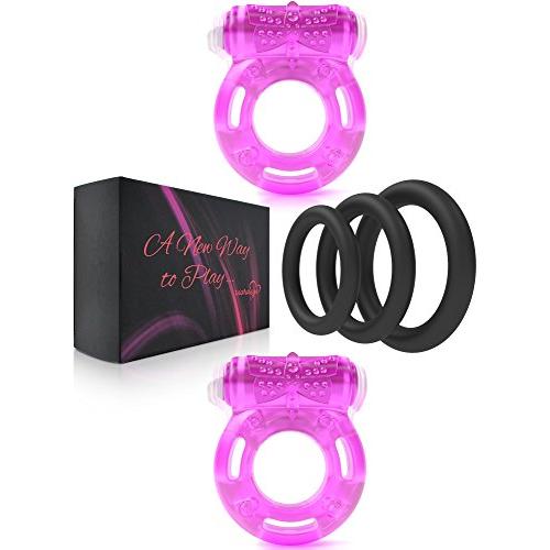 Cock Ring Set – 2 Vibrating Cock Rings w. Clit Stimulator & 3 Different Size Penis Ring – Erection Enhancing Sex Toy for Men and Couples