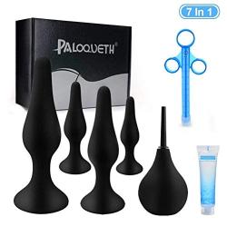 Butt Plug Training Kit for Beginners Experienced Users, PALOQUETH Anal Sex Toy Set with Suction Cup for Safe Hands Free Anal Play 4 Plugs 1 Lube Shooter 1 Bulb Enema 1 Lube 25g