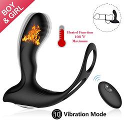 Heating Wireless Remote Male Prostate Massager 10 Frequencies Vibrator 3-in-1 with Penis Ring and Ball Loop, 2 Intense Motors Rechargeable Anal Sex Toys Waterproof G-Spot Butt Plug for Women Couples