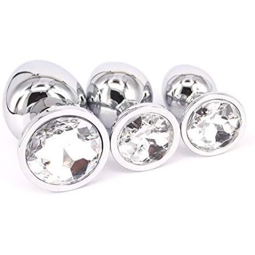 Eastern Delights 3 Pcs Jewelry Anal Plug Steel Metal Butt Plated Plug with Penis Condom, White