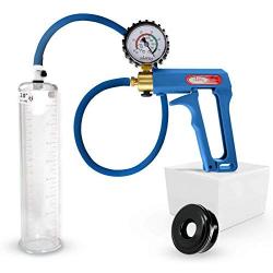 LeLuv Maxi Blue Plus Rubberized Vacuum Gauge Penis Pump Bundle with Premium Silicone Hose and Black TPR Seal 9 inch x 2 inch Cylinder