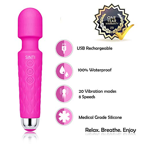 Personal Mini Wand Massager by SINTI | Therapeutic | USB Rechargeable | Waterproof | Compact and Powerful with 20 Vibration Patterns and 8 Different speeds | Travel Bag Included (Pink)
