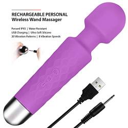 Waterproof Personal Cordless Wand Massager, Rechargeable Powerful Handheld Waterproof Body Massager with 20 Vibration Patterns and 8 Multi Speed for Full Body Massage(Purple)