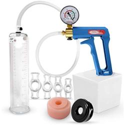 LeLuv Maxi Blue Plus Vacuum Gauge Penis Pump Bundle with Silicone Donut Seal, Soft Black TPR Seal & 4 Sizes of Constriction Rings 9 inch x 2 inch Diameter Cylinder