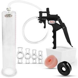 LeLuv Tyro Black Lightweight Penis Pump Bundle with Soft Silicone Donut Seal, Soft Black TPR Seal and 4 Sizes of Constriction Ring 12 x 2.25 inch Cylinder Diameter