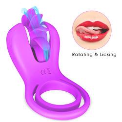 Vibrating Cock Ring, Penis Ring with Double Loop Licking 10 Rotation Speeds Waterproof Medical Silicone Rechargeable Couples Adult Sex Toy (Purple)