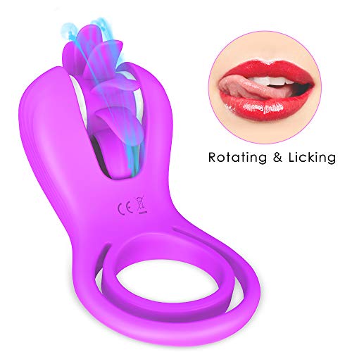 Vibrating Cock Ring, Penis Ring with Double Loop Licking 10 Rotation Speeds Waterproof Medical Silicone Rechargeable Couples Adult Sex Toy (Purple)