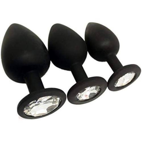 Eastern Delights Elite 3PCS Silicone Jeweled Anal Butt Plugs Anal Trainer Set, Black Sil with Clear Gem