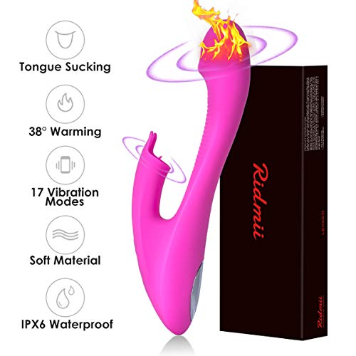 G Spot Rabbit Vibrator Dildo with Bunny Ears Clitoral Vagina Vibrating Stimulation for Women, Ridmii Waterproof Quiet Dual Motors Tongue Sucking Finger Vibrators with 17 Vibration Modes Rechargeable