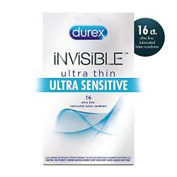 Durex Invisible Ultra Thin Condoms, Ultra Sensitive- Ultra Fine, Natural Latex With Lube and Reservoir Tip. Durexs Thinnest Condom for Men, HSA Eligible, 16 Count