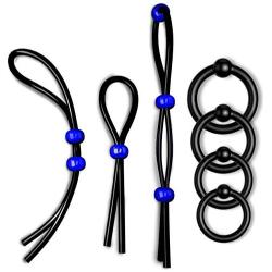 7 Pack Penis Ring Set – 4 Cock Rings w. Clit Stimulating Ball and 3 Adjustable Penis Loops – Erection Enhancing Male Sex Toy