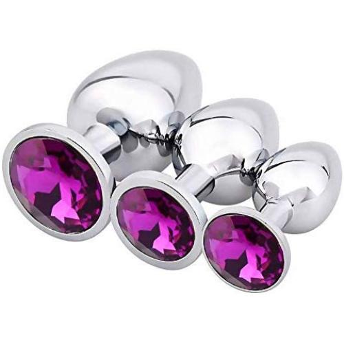 BDSM Anal Plug 3 Pcs Luxury Jewelry Design Butt Plug Fetish Stainless Steel Sex Toy Large+Medium+Small Anal Stimulation Toy for Unisex Masturbation (Purple)