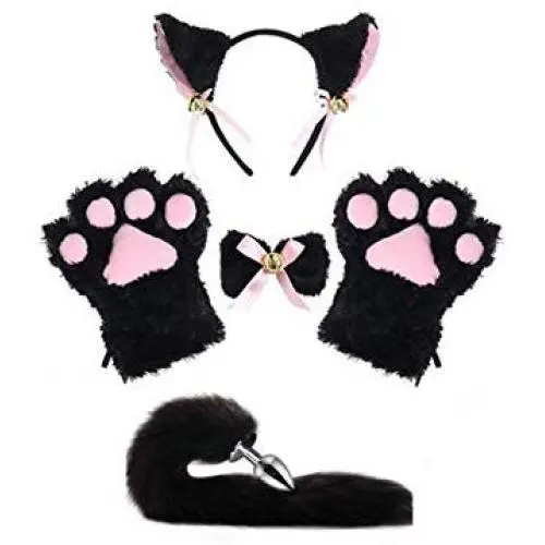 Black Cat Fox Cosplay Costume Kitten Plush Tail Ears Headband Collar Paws Gloves Lolita Anime Gothic Set Black Cat Fox Cosplay Costume Kitten Plush Tail Ears Headband Collar Paws Gloves Lolita Anime Gothic Set