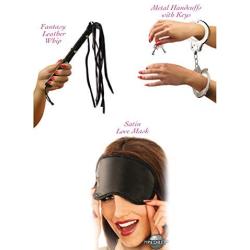 Pipedream Fetish Fantasy Lovers Fantasy Kit  Leather whip  Metal Handcuffs with Keys  and Satin Love Mask