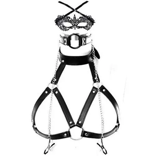 YoungGuor Womens Faux Leather Harness Collar Cupless Bra Open Mouth 2 Pcs Lingerie Set Role Play Costumes YoungGuor Womens Faux Leather Harness Collar Cupless Bra Open Mouth 2 Pcs Lingerie Set Role Play Costumes