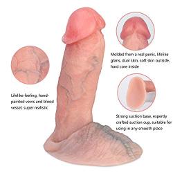 Hyper Realistic Ultra Soft Silicone Dildo Lifelike Vein Superior Penis Dual Layer Liquid Silicone Bendable Penis with Suction Cup Adult Sex Massage Masturbation Toys for Women 7 inch (Natural Flesh)