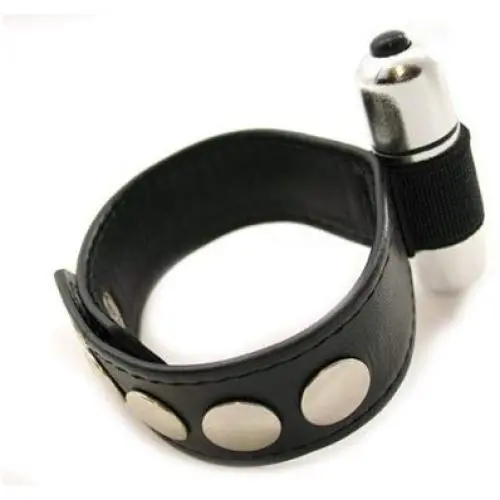 M2m Cock Ring, Leather with 3 Speed Bullet, Chrome