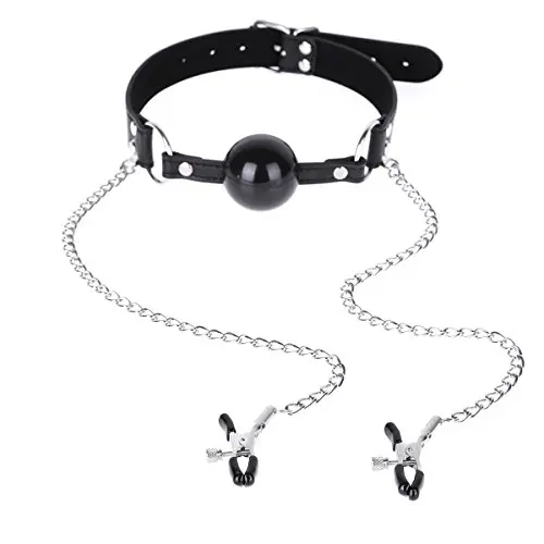 ACSUSS PU Leather Collar Strap with Silicone Ball Mouth Gag and Clamps Clip