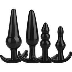 AIEason Sexual Game Butt Toys Anal Plug 4PCS Set Medical Silicone Sensuality Lubricant (Black)