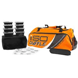 Isolator Fitness 4 Meal ISODUFFLE Gym Bag Meal Prep Management Insulated Duffle Lunch Bag with 8 Stackable Meal Prep Containers, 2 ISOBRICKS and Shoulder Strap -Made in USA (Orange)