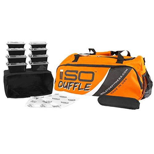 Isolator Fitness 4 Meal ISODUFFLE Gym Bag Meal Prep Management Insulated Duffle Lunch Bag with 8 Stackable Meal Prep Containers, 2 ISOBRICKS and Shoulder Strap -Made in USA (Orange)