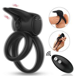 Cock Ring Vibrator with Rabbit Ears Double Ring 7 Vibration Modes for Men, PALOQUETH Rechargeable Vibrating Penis Ring Couples Vibrator for Partner Pleasure, Waterproof Wireless Remote Control