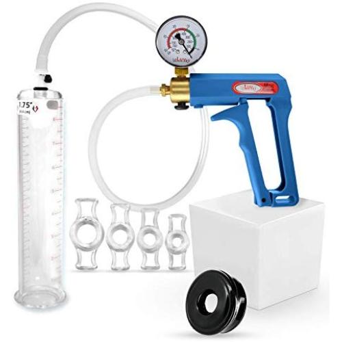 LeLuv Maxi Blue Plus Vacuum Gauge Penis Pump Bundle with Soft Black TPR Seal & 4 Sizes of Constriction Rings 9 inch x 1.75 inch Cylinder