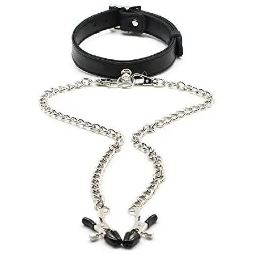 Liebe Seele Collar with Removable Nipple Clamps Lamb Leather Restraint Toys Fetish Role Play for Couple
