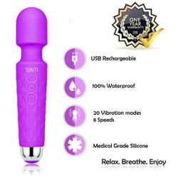 Personal Mini Wand Massager by SINTI | Therapeutic | USB Rechargeable | Waterproof | Compact and Powerful with 20 Vibration Patterns and 8 Different speeds | Travel Bag Included (Purple)
