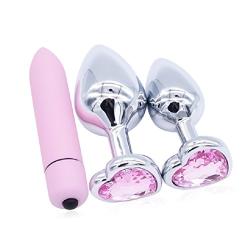 YiFeng 3 PCS Heart Shaped Jewelry Anal Butt Plug for Sex Games (Medium+Small+Bullet Vibrator, Pink)