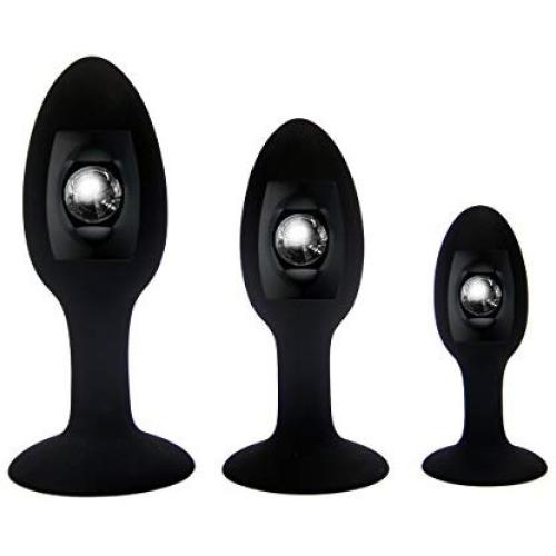 3PCS Black Butt Plug for Beginner Silicone Anal Plug Adult Products Anus Muscles Trainer Suction Cup with Stainless Steel Ball Inside