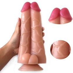 Massive Double Dildo with Suction Base Dual Dicks Big Cock Adult Sex Toy (Flesh)