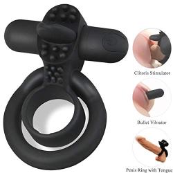 Vibrating Penis Ring with Tongue, Male Cock Ring & Clitoral G-Spot Bullet Vibrator Clitoris Stimulators Powerful Sex Toys for Couple Prolong Sexual Pleasure Rechargeable (Black)