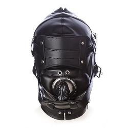 yIFeNG Leather Bondage Gimp Lockable Blindfold & Dildo Penis Mouth Gag Head Fetish Hood with 2 Nose Holes BDSM Mask Hood