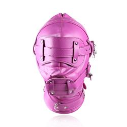 Raycity Full Face Blindfold Mask Head Hood Lockable & Dildo Penis Mouth Gag Costume Bondage Adult Sex Toys BDSM Fetish Hood Hot Pink