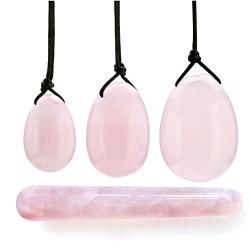 PESOENTH 4Pcs Set Jade Yoni Eggs Massage Stick,3 Pcs Drilled Natural Rose Quartz Crystal Jade Eggs Massage Stone + 1 Pcs Guasha Scraping Massage Tool for Women Kegel Exercise Train Pelvic Muscles