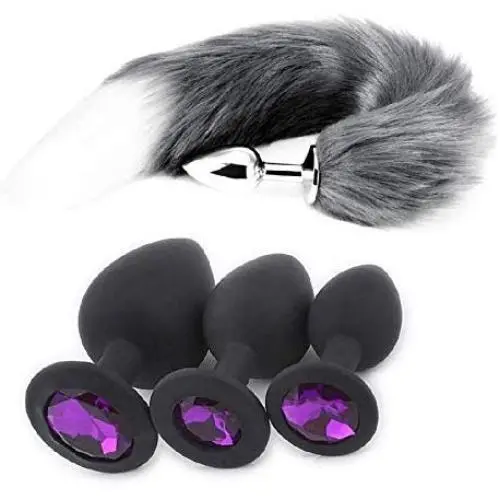 KM24- Women Faux Fox Tail -Būtt Plùgs Stainless Steel Bй/tt G-S*pót Toys+3-Piece Silicone Beginner Anales Plugs kit (Purple&Gray)