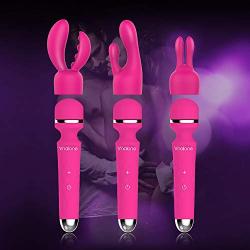 Vibrator, Nalone G-spot Rabbit Wand Massager Cordless - 7 Speeds - Rechargeable & Waterproof - Body Safe Silicone Vibrating Dildo Sex Toy for Women with Extra Head Sleeve (Pink)