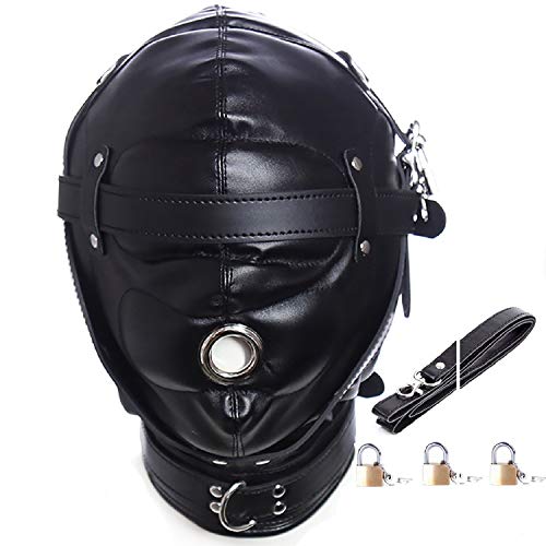 Leather Bondage Gimp Mask Hood, Black Full Face Blindfold Breathable Restraint Head Hood, Sex Toys, for Unisex Adults Couples, BDSM/LGBT Cosplay Restraint Training Toy Fetish Mask