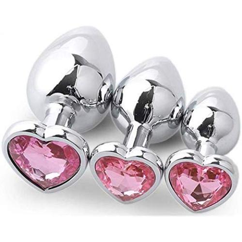 KM86-3-Piece Stainless Steel Heart-Shaped Metal Bútˉţs Pluĝs-Ms. Training Tool, Beginners kit (Pink)