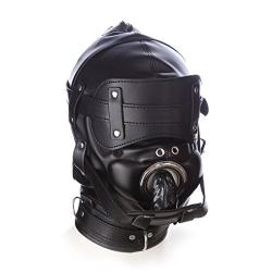 yIFeNG Leather Bondage Gimp Lockable Blindfold & Dildo Penis Mouth Gag Head Fetish Hood with 2 Nose Holes BDSM Mask Hood