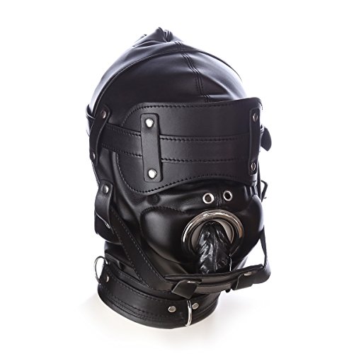 yIFeNG Leather Bondage Gimp Lockable Blindfold & Dildo Penis Mouth Gag Head Fetish Hood with 2 Nose Holes BDSM Mask Hood