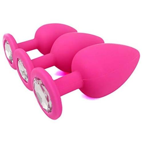 Eastern Delights Elite 3PCS Silicone Jeweled Anal Butt Plugs Anal Trainer Set, Hot Pink