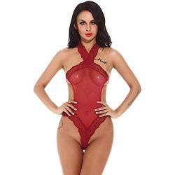 Women Intimates,Sexy Lingerie Lace Teddy Features Plunging Eyelash and Snaps Crotch Rishine (Red, XL)