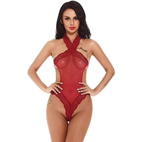 Women Intimates,Sexy Lingerie Lace Teddy Features Plunging Eyelash and Snaps Crotch Rishine (Red, XL)