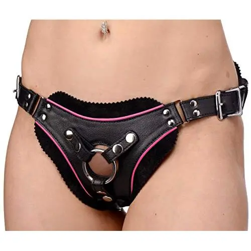 Strict Leather Low Rise Leather Strap-On Dildo Harness with Pink Accents Strict Leather Low Rise Leather Strap-On Dildo Harness with Pink Accents