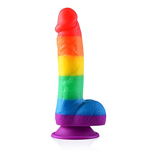 7.9 Liquid Silicone Colorful Dildo Realistic Rainbow Pattern Penis Shape Massage Toy with Suction Cup for Hands-Free Play