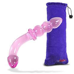 LeLuv Dildo 7.5 inch Bent Pink Glass Wand G-Spot Beads Bundle with Premium Padded Pouch