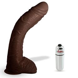 LeLuv Dildo Big Bent 10 Inch Realistic Suction Cup Thick Veiny Curved Chocolate Bundle with Bullet Massager